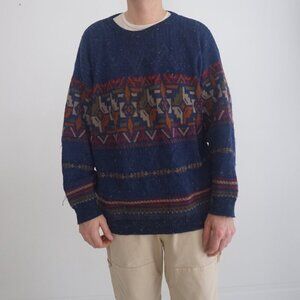 Vtg Essentiels Navy Orange 3D Eclectic Grandpa Knit Ribbed Crewneck Sweater LT